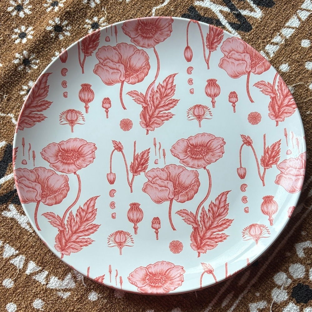 Kate Kime White Background with Red Floral Toile Print Melamine Dinner Plate